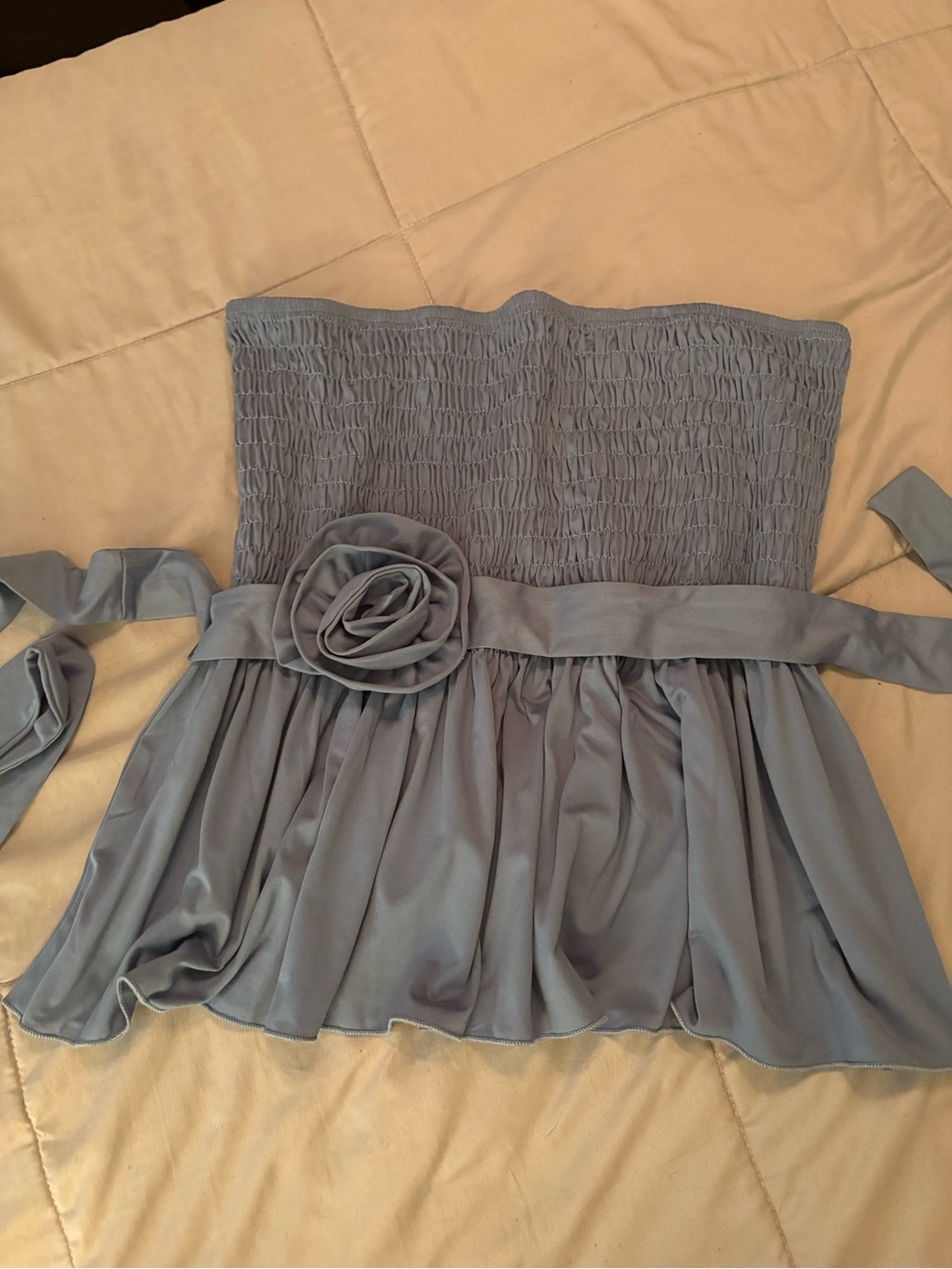 XXL Strapless Smocked Peplum Top with Rosette - Dusty Blue